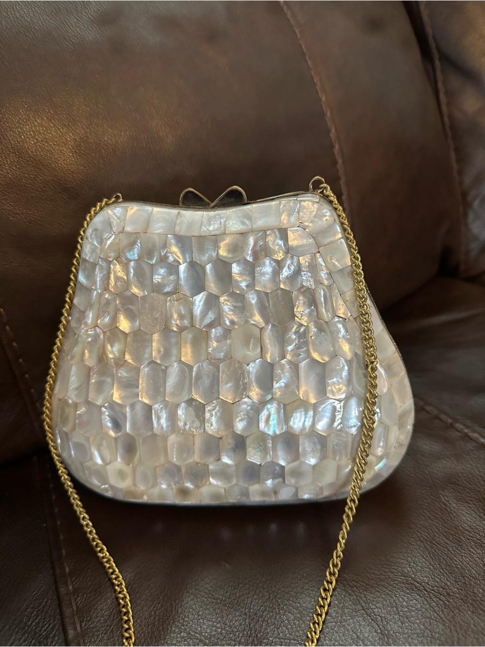 Vintage Pearlescent Shell Mosaic Clutch bag with Gold Chain - Picture 8 of 10